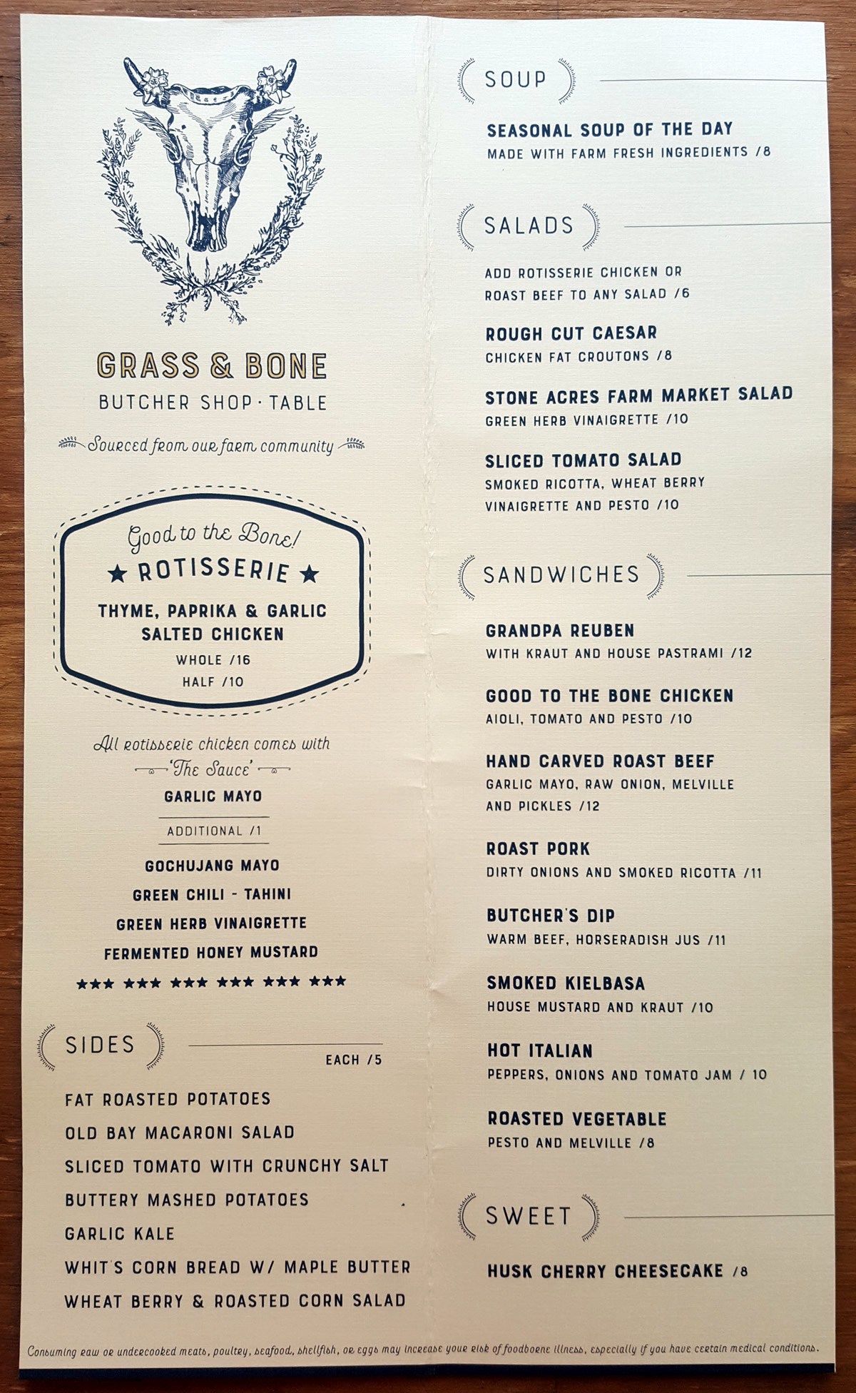 Grass and Bone restaurant menu